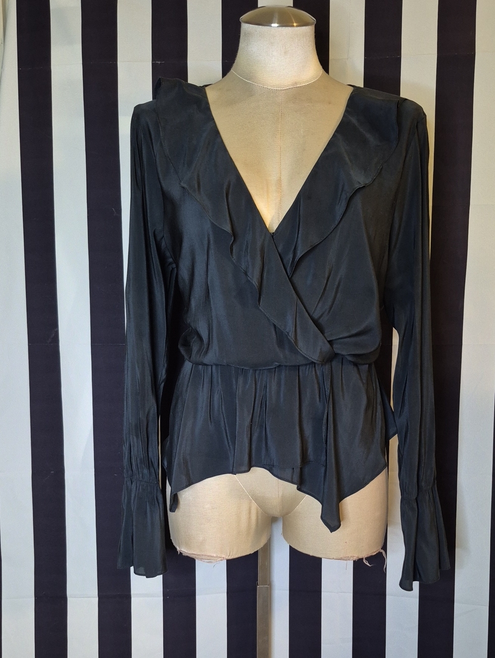 Black Ruffle Wrap Blouse - Women's Top